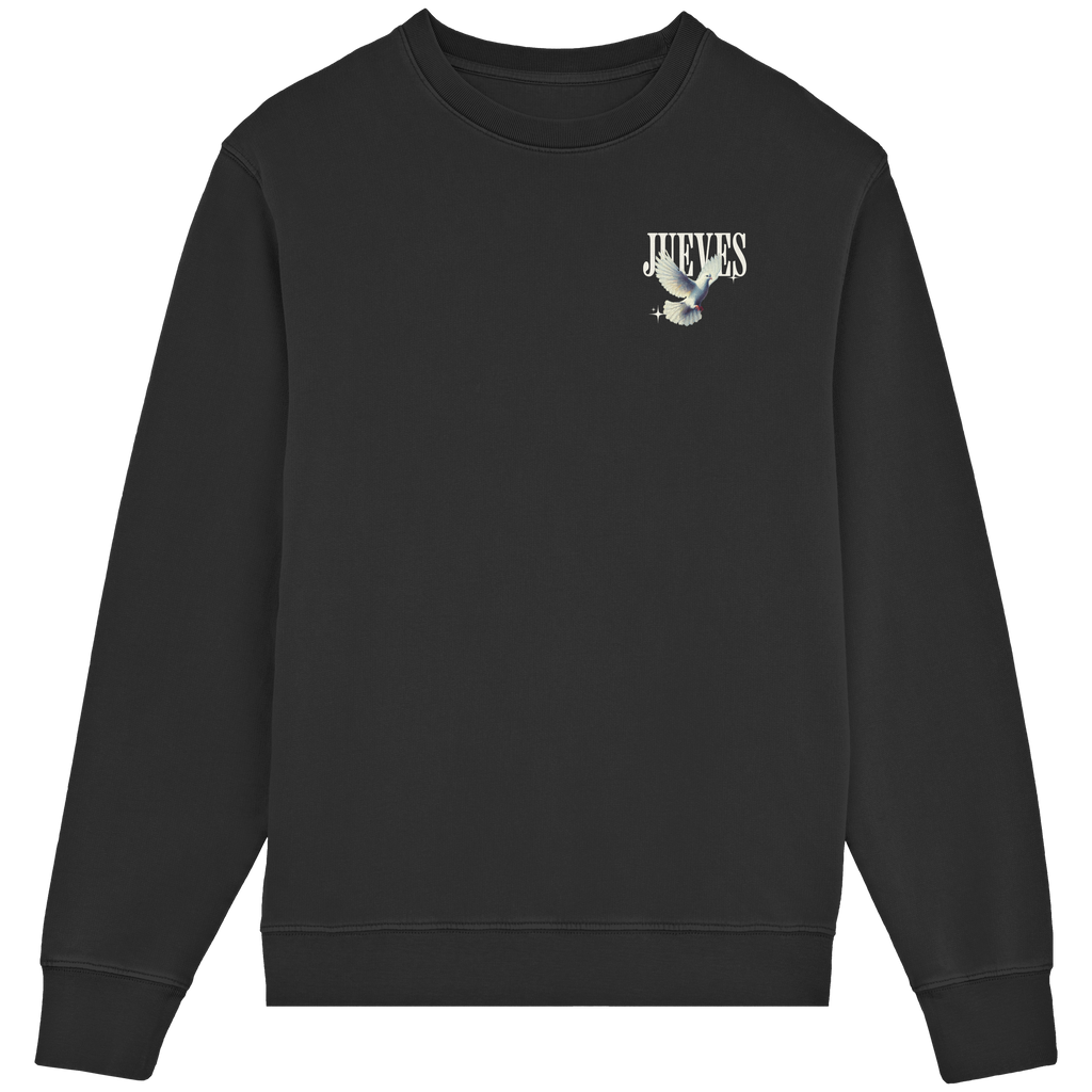 Frontansicht des schwarzen Classic Sweatshirts von Jueves Apparel im klassischen Schnitt – dezentes Design vorne, Rückendruck als Highlight, 85 % Bio-Baumwolle, 15 % Polyester.