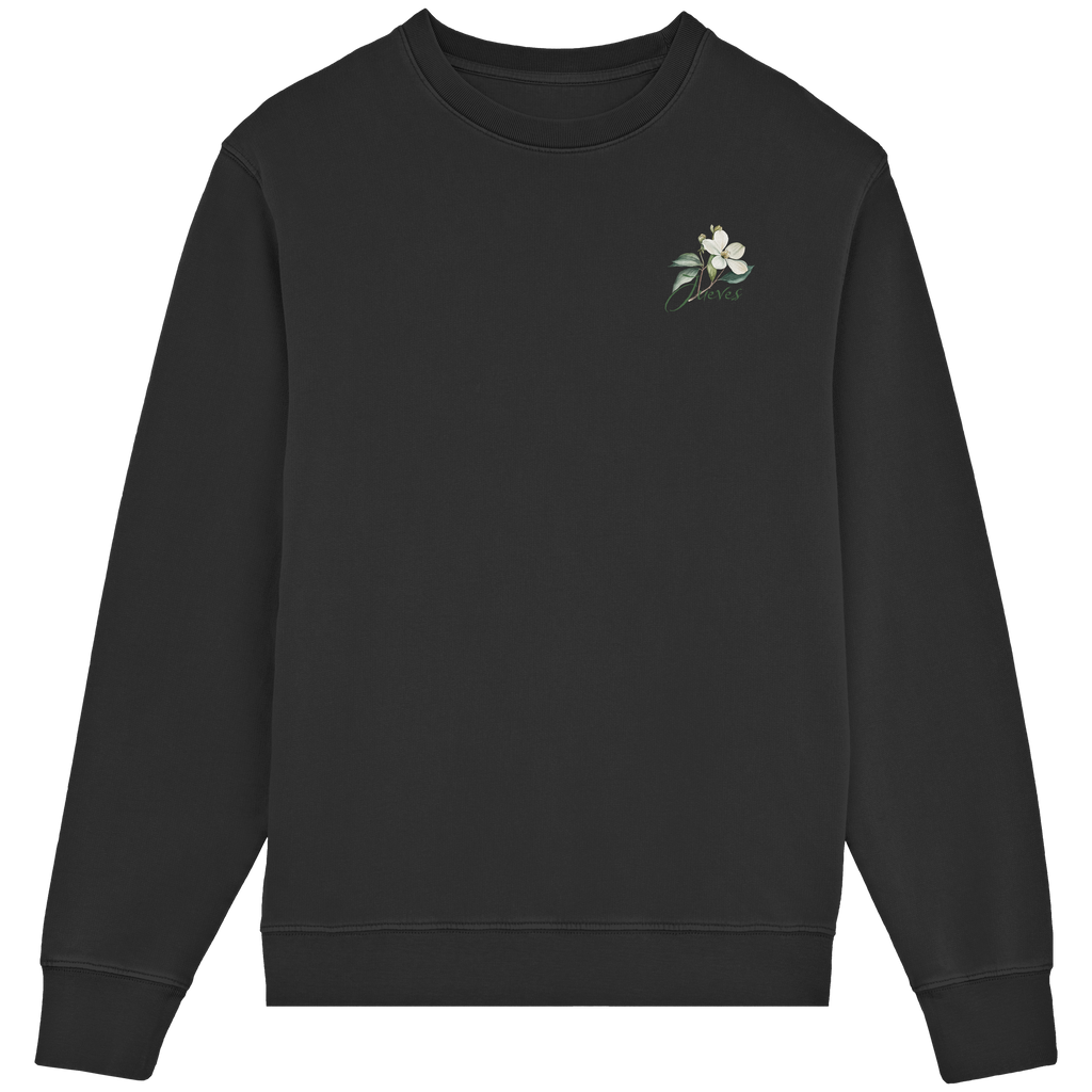 Frontansicht des schwarzen Classic Sweatshirts von Jueves Apparel im klassischen Schnitt – dezentes Design vorne, Rückendruck als Highlight, 85 % Bio-Baumwolle, 15 % Polyester.