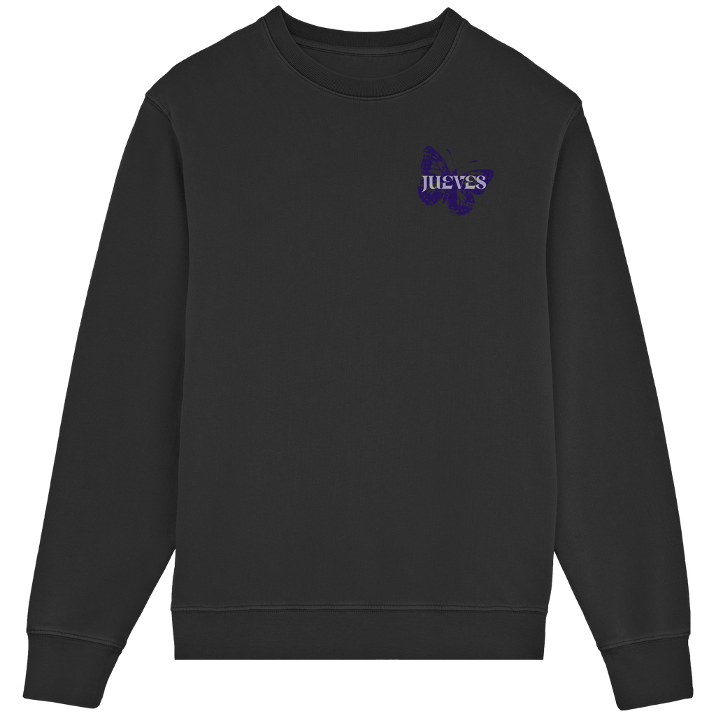 Frontansicht des schwarzen Classic Sweatshirts von Jueves Apparel im klassischen Schnitt – dezentes Design vorne, Rückendruck als Highlight, 85 % Bio-Baumwolle, 15 % Polyester.