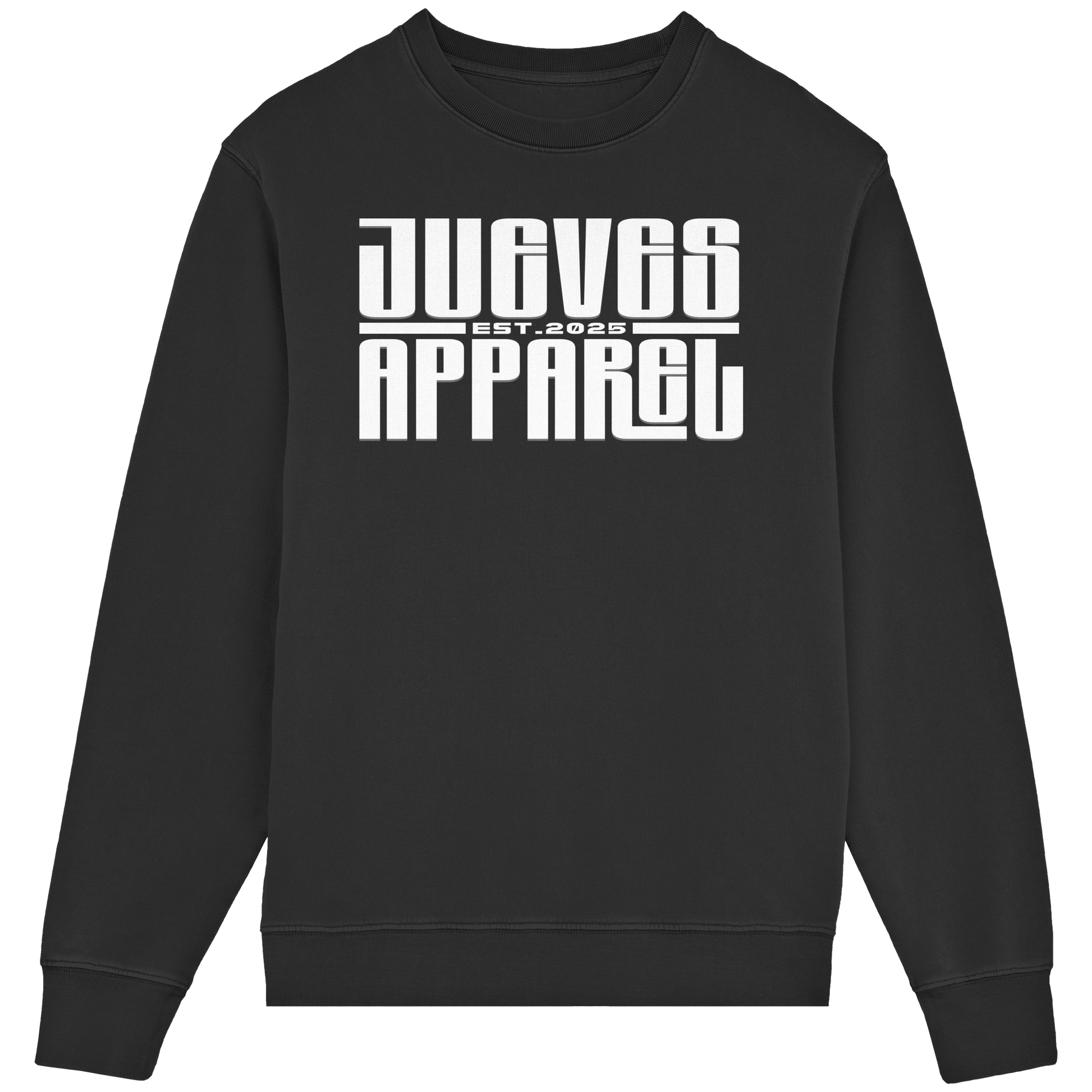 Frontansicht des schwarzen Classic Sweatshirts von Jueves Apparel im klassischen Schnitt – auffälliges Design vorne, Brustdruck 85 % Bio-Baumwolle, 15 % Polyester.