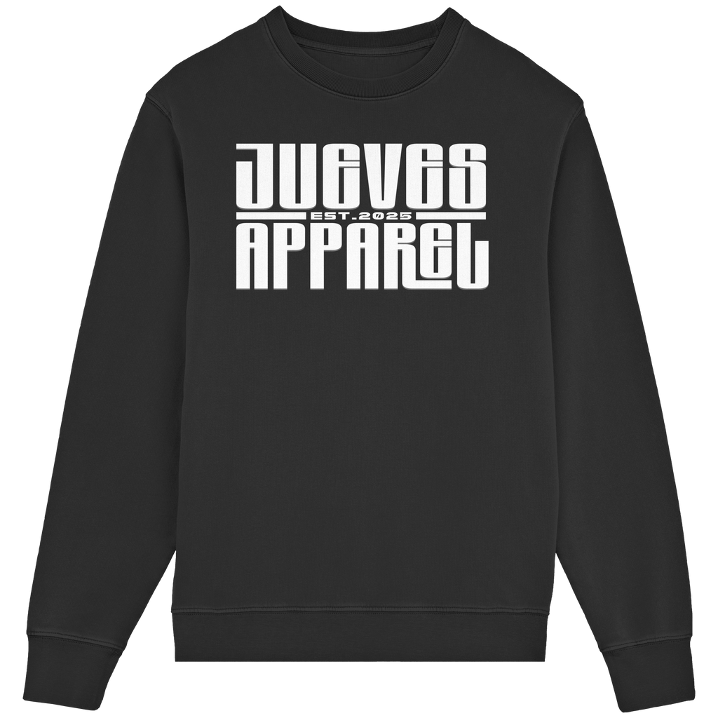 Frontansicht des schwarzen Classic Sweatshirts von Jueves Apparel im klassischen Schnitt – auffälliges Design vorne, Brustdruck 85 % Bio-Baumwolle, 15 % Polyester.