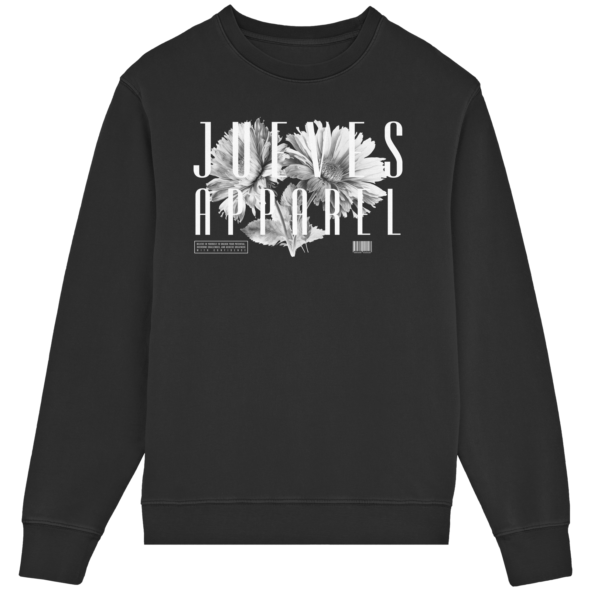 Frontansicht des schwarzen Classic Sweatshirts von Jueves Apparel im klassischen Schnitt – auffälliges Design vorne, Brustdruck 85 % Bio-Baumwolle, 15 % Polyester.