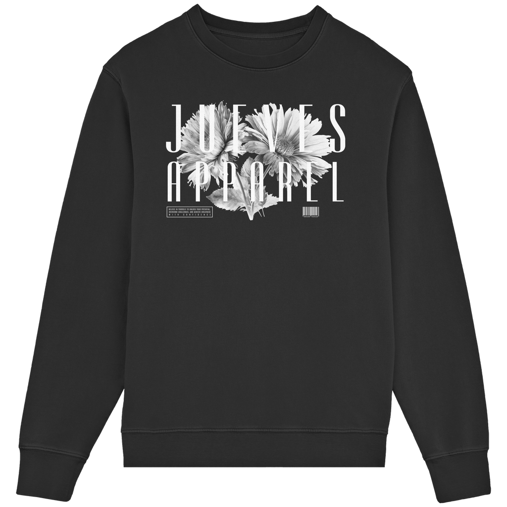 Frontansicht des schwarzen Classic Sweatshirts von Jueves Apparel im klassischen Schnitt – auffälliges Design vorne, Brustdruck 85 % Bio-Baumwolle, 15 % Polyester.