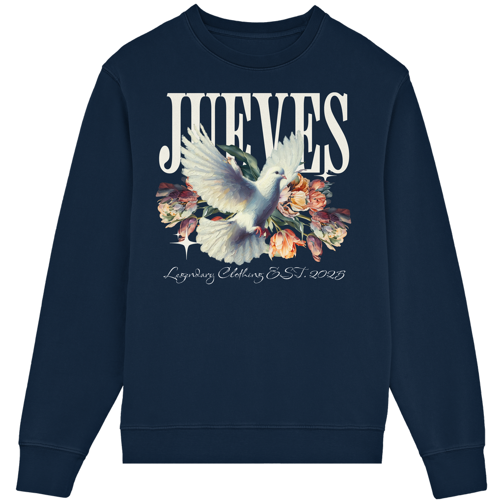 Frontansicht des blauen Classic Sweatshirts von Jueves Apparel im klassischen Schnitt – auffälliges Design vorne, Brustdruck 85 % Bio-Baumwolle, 15 % Polyester.