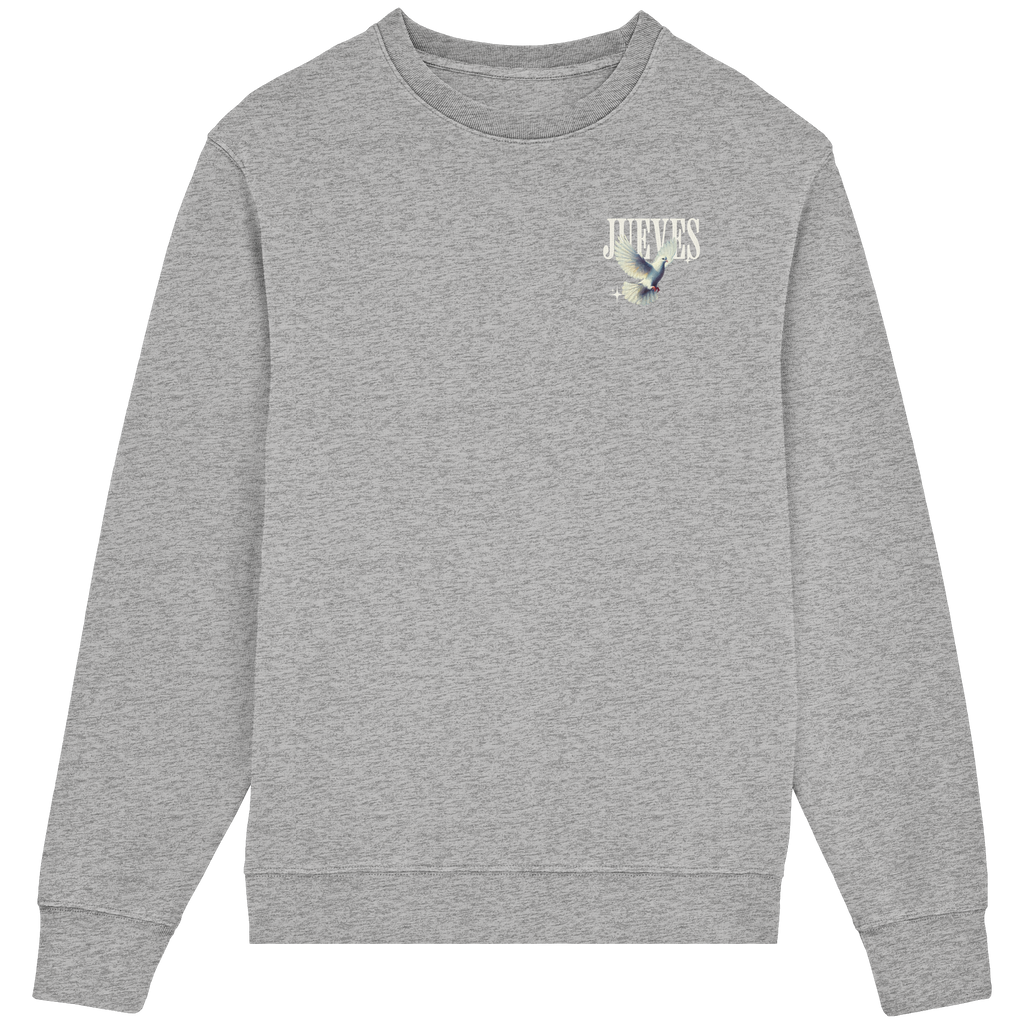 Frontansicht des grauen Classic Sweatshirts von Jueves Apparel im klassischen Schnitt – dezentes Design vorne, Rückendruck als Highlight, 85 % Bio-Baumwolle, 15 % Polyester.