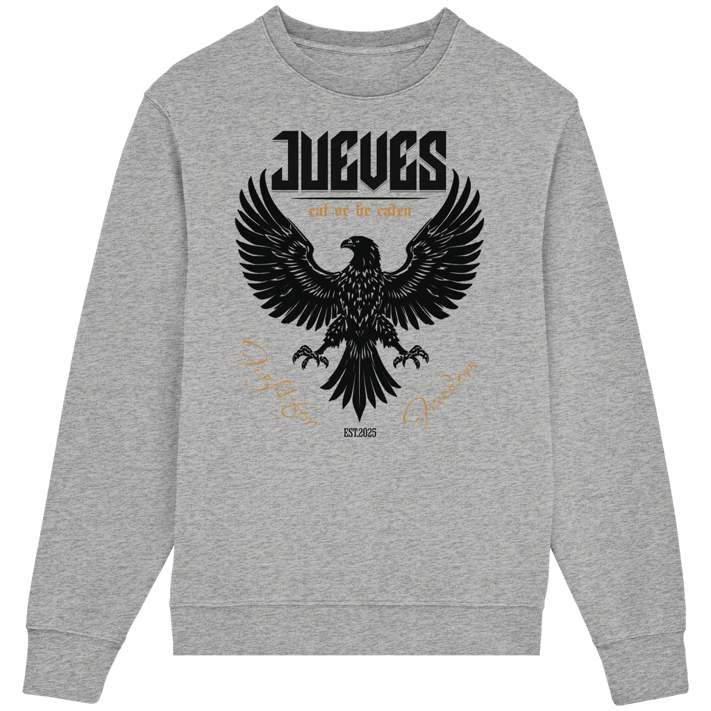 Frontansicht des grauen Classic Sweatshirts von Jueves Apparel im klassischen Schnitt – auffälliges Design vorne, Brustdruck 85 % Bio-Baumwolle, 15 % Polyester.