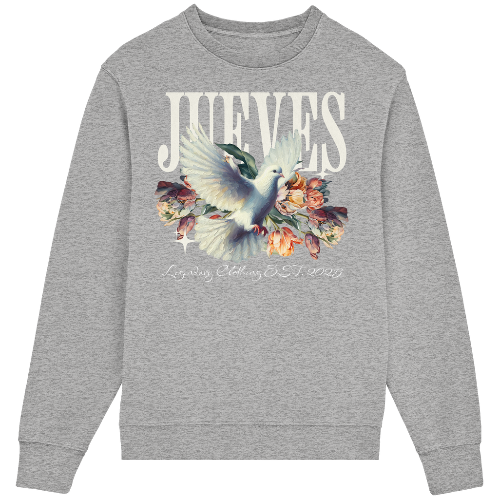 Frontansicht des grauen Classic Sweatshirts von Jueves Apparel im klassischen Schnitt – auffälliges Design vorne, Brustdruck 85 % Bio-Baumwolle, 15 % Polyester.