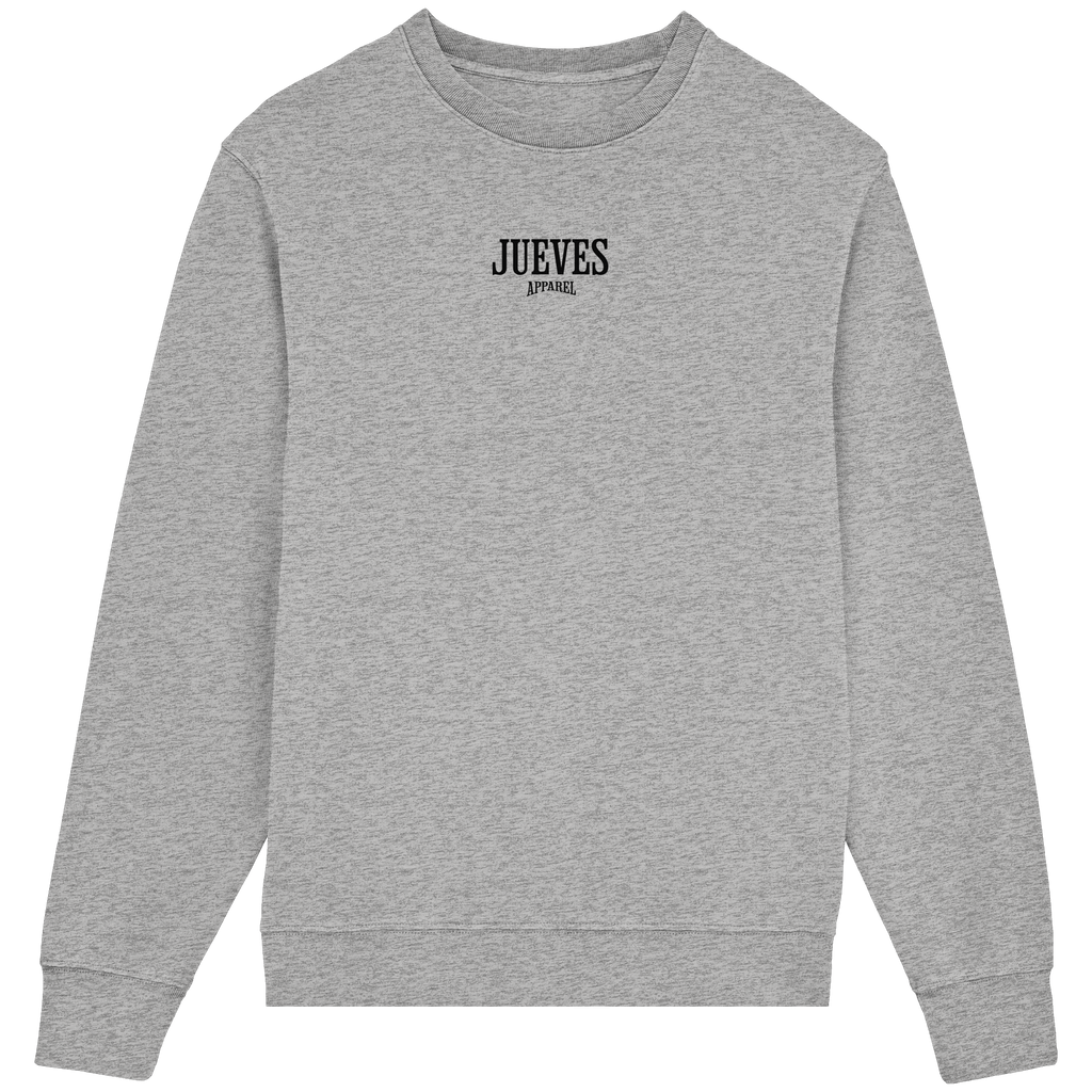 Frontansicht des grauen Classic Sweatshirts von Jueves Apparel im klassischen Schnitt – dezentes Design vorne, Rückendruck als Highlight, 85 % Bio-Baumwolle, 15 % Polyester.