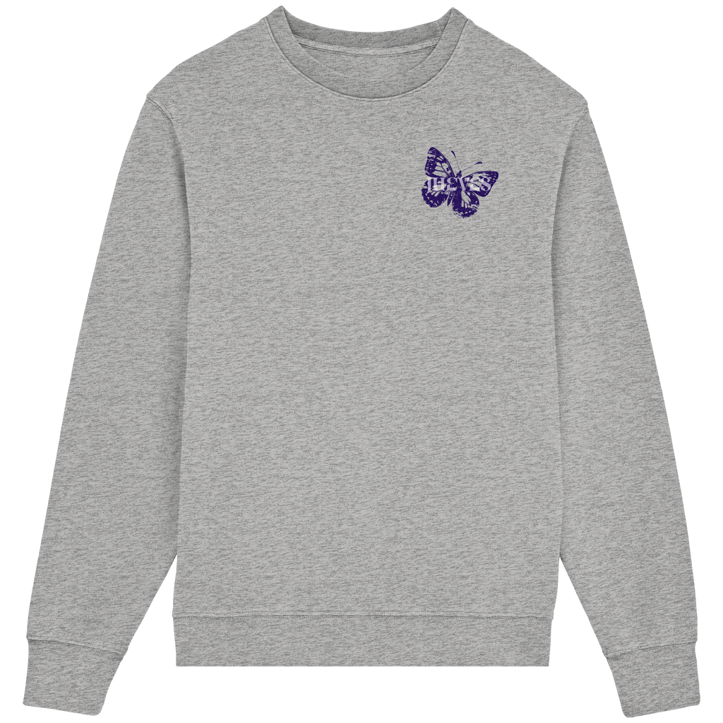 Frontansicht des grauen Classic Sweatshirts von Jueves Apparel im klassischen Schnitt – dezentes Design vorne, Rückendruck als Highlight, 85 % Bio-Baumwolle, 15 % Polyester.