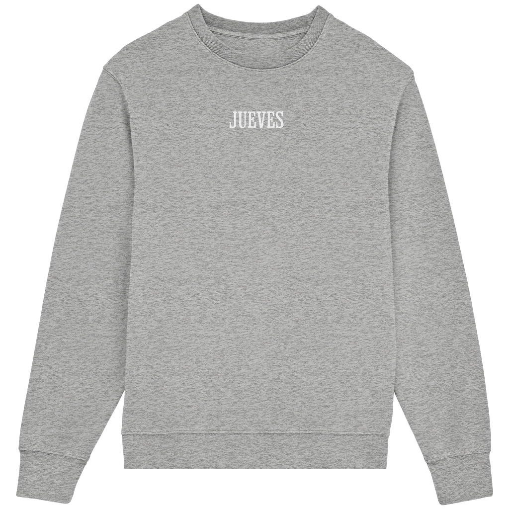 Frontansicht des grauen Classic Sweatshirts von Jueves Apparel im klassischen Schnitt – dezentes Design vorne, Rückendruck als Highlight, 85 % Bio-Baumwolle, 15 % Polyester.
