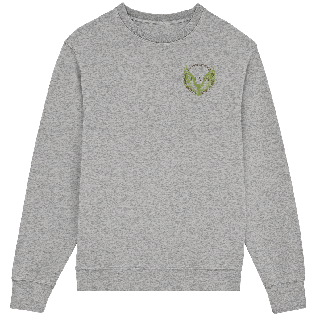 Frontansicht des grauen Classic Sweatshirts von Jueves Apparel im klassischen Schnitt – dezentes Design vorne, Rückendruck als Highlight, 85 % Bio-Baumwolle, 15 % Polyester.