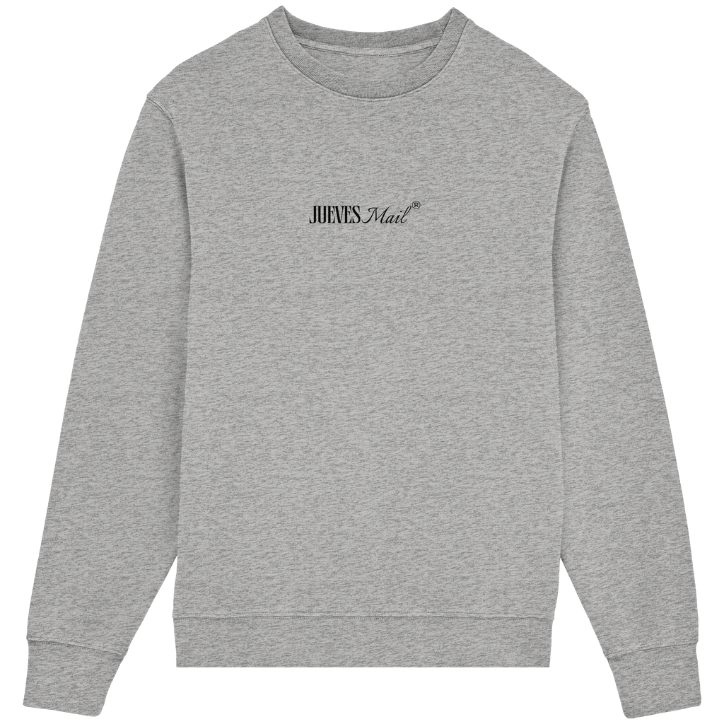 Frontansicht des grauen Classic Sweatshirts von Jueves Apparel im klassischen Schnitt – dezentes Design vorne, Rückendruck als Highlight, 85 % Bio-Baumwolle, 15 % Polyester.
