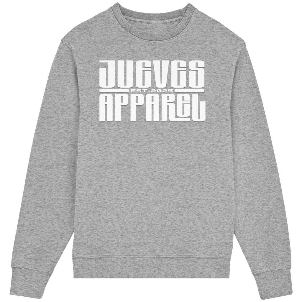 Frontansicht des grauen Classic Sweatshirts von Jueves Apparel im klassischen Schnitt – auffälliges Design vorne, Brustdruck 85 % Bio-Baumwolle, 15 % Polyester.