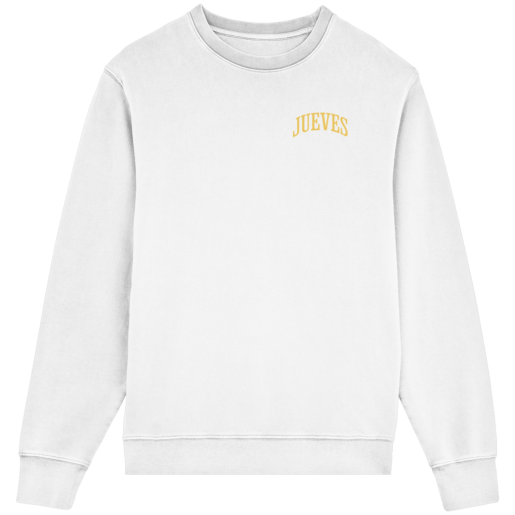 Frontansicht des weißen Classic Sweatshirts von Jueves Apparel im klassischen Schnitt – dezentes Design vorne, Rückendruck als Highlight, 85 % Bio-Baumwolle, 15 % Polyester.