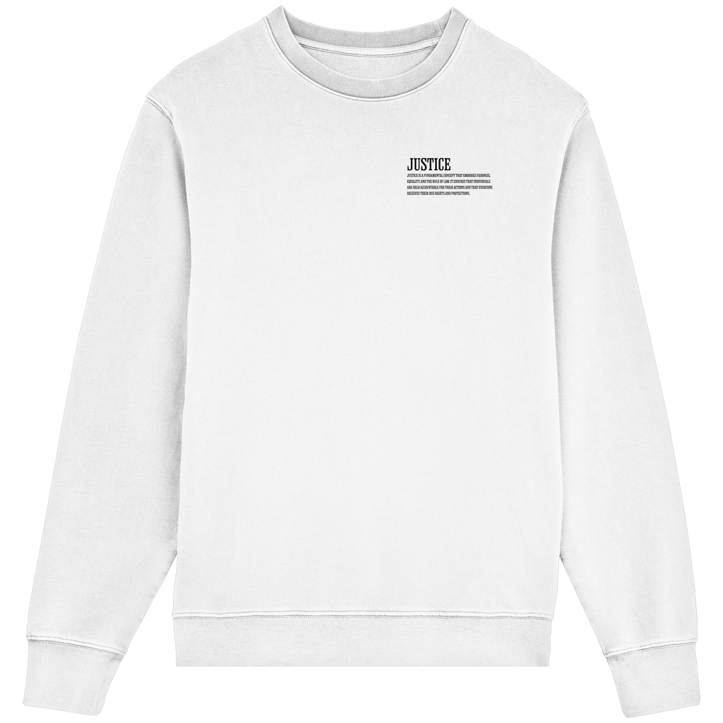 Frontansicht des weißen Classic Sweatshirts von Jueves Apparel im klassischen Schnitt – dezentes Design vorne, Rückendruck als Highlight, 85 % Bio-Baumwolle, 15 % Polyester.