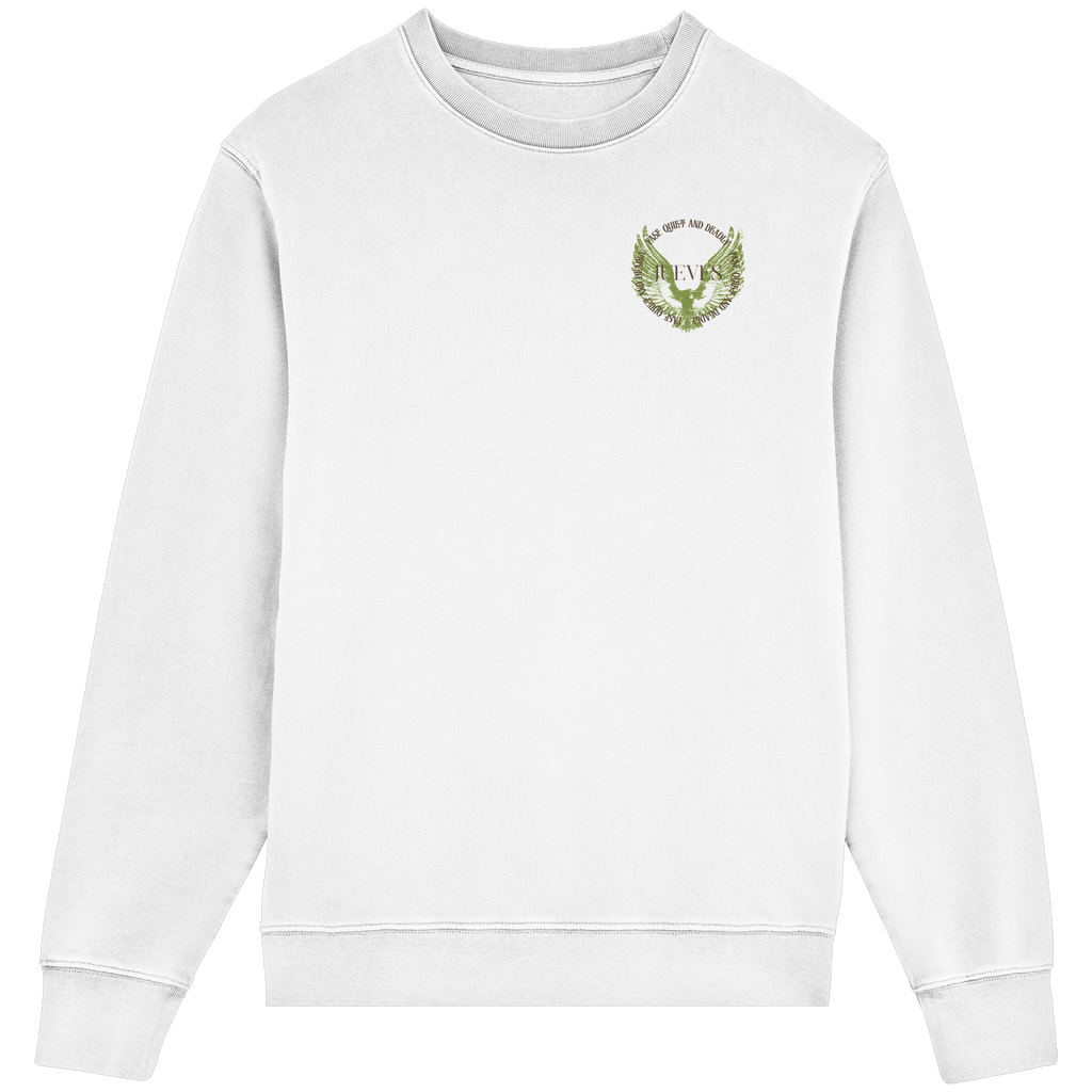 Frontansicht des weißen Classic Sweatshirts von Jueves Apparel im klassischen Schnitt – dezentes Design vorne, Rückendruck als Highlight, 85 % Bio-Baumwolle, 15 % Polyester.