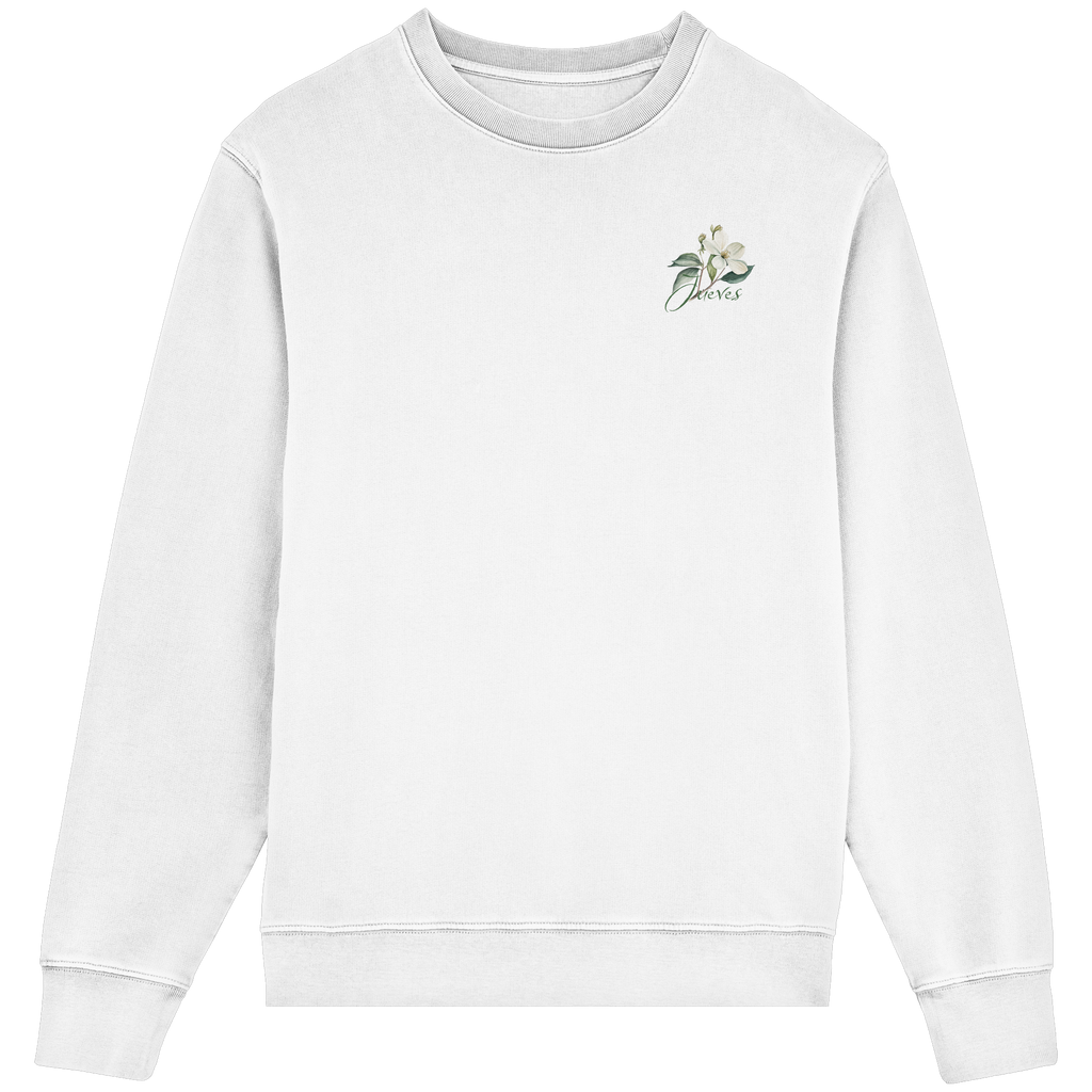 Frontansicht des weißen Classic Sweatshirts von Jueves Apparel im klassischen Schnitt – dezentes Design vorne, Rückendruck als Highlight, 85 % Bio-Baumwolle, 15 % Polyester.
