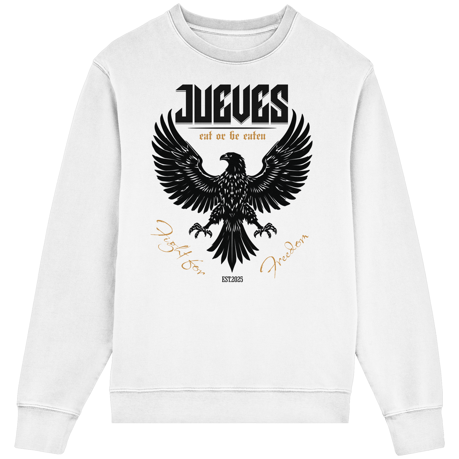 Frontansicht des weißen Classic Sweatshirts von Jueves Apparel im klassischen Schnitt – auffälliges Design vorne, Brustdruck 85 % Bio-Baumwolle, 15 % Polyester.