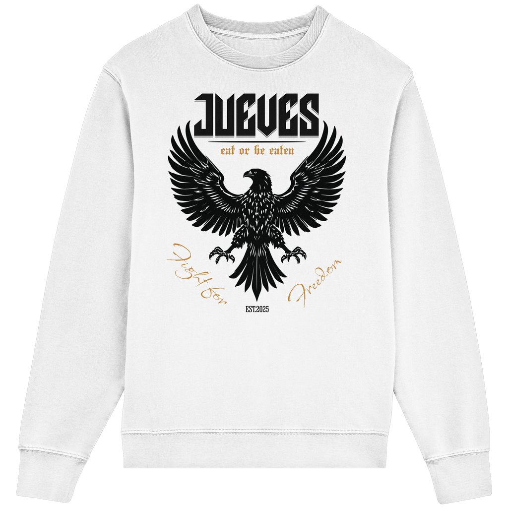 Frontansicht des weißen Classic Sweatshirts von Jueves Apparel im klassischen Schnitt – auffälliges Design vorne, Brustdruck 85 % Bio-Baumwolle, 15 % Polyester.
