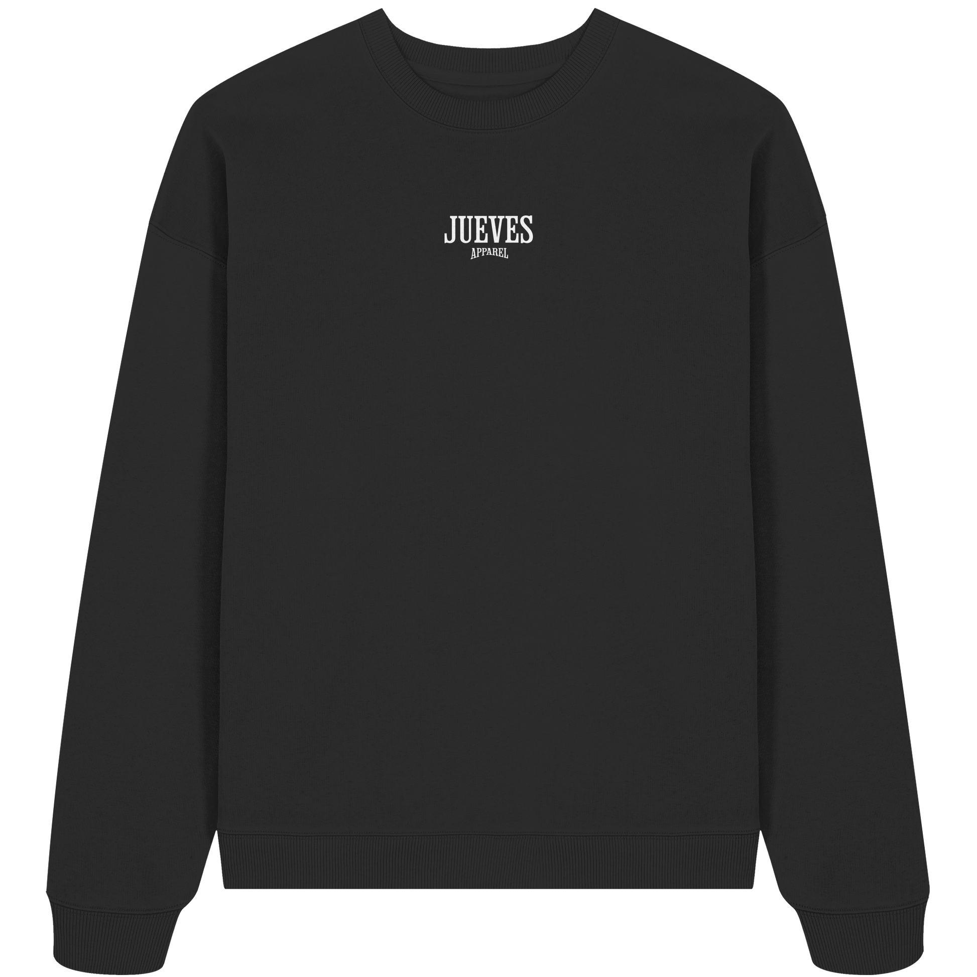schwarzes Jueves Apparel Oversized Boxcut Sweatshirt mit markantem Rückendruck – urbaner Streetwear-Style aus Bio-Baumwolle