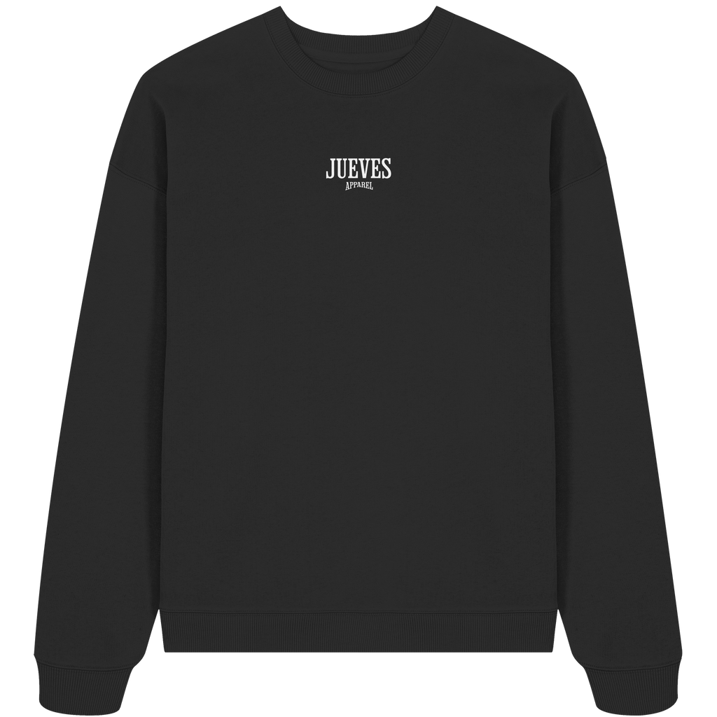 schwarzes Jueves Apparel Oversized Boxcut Sweatshirt mit markantem Rückendruck – urbaner Streetwear-Style aus Bio-Baumwolle