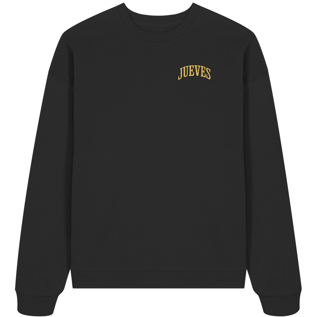 schwarzes Oversized Boxcut Sweatshirt von Jueves Apparel mit Brustdruck – nachhaltige Streetwear aus 100 % Bio-Baumwolle
