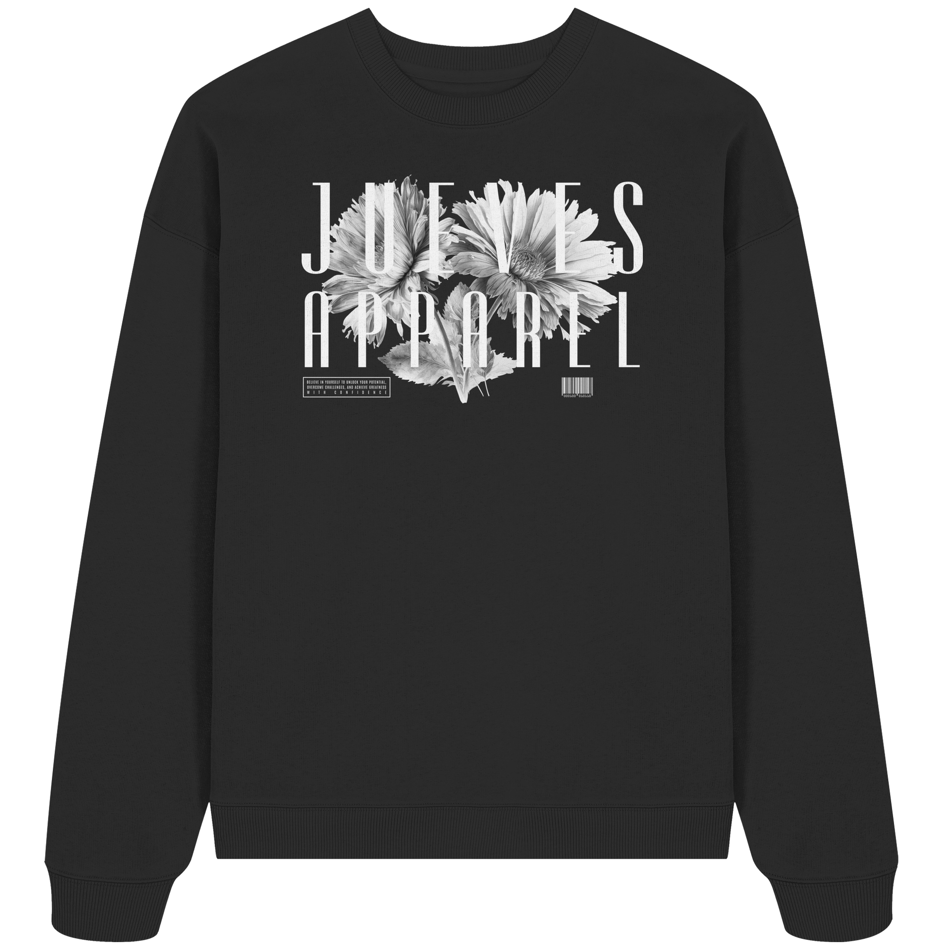 schwarzes Jueves Apparel Oversized Boxcut Sweatshirt mit markantem Rückendruck – urbaner Streetwear-Style aus Bio-Baumwolle