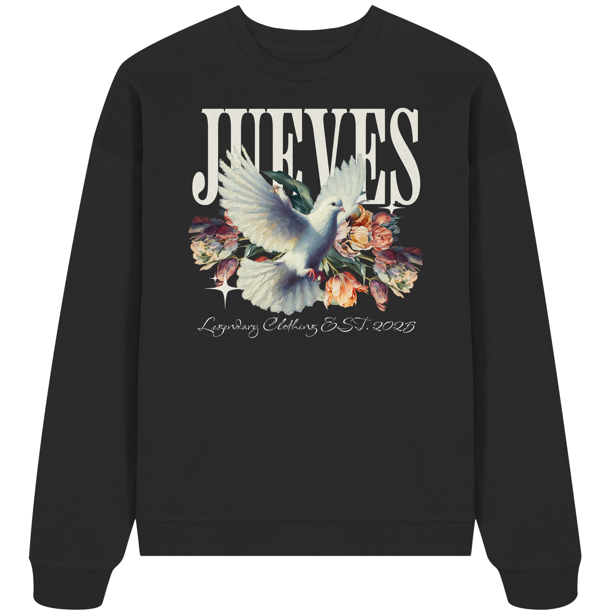 schwarzes Jueves Apparel Oversized Boxcut Sweatshirt mit markantem Rückendruck – urbaner Streetwear-Style aus Bio-Baumwolle
