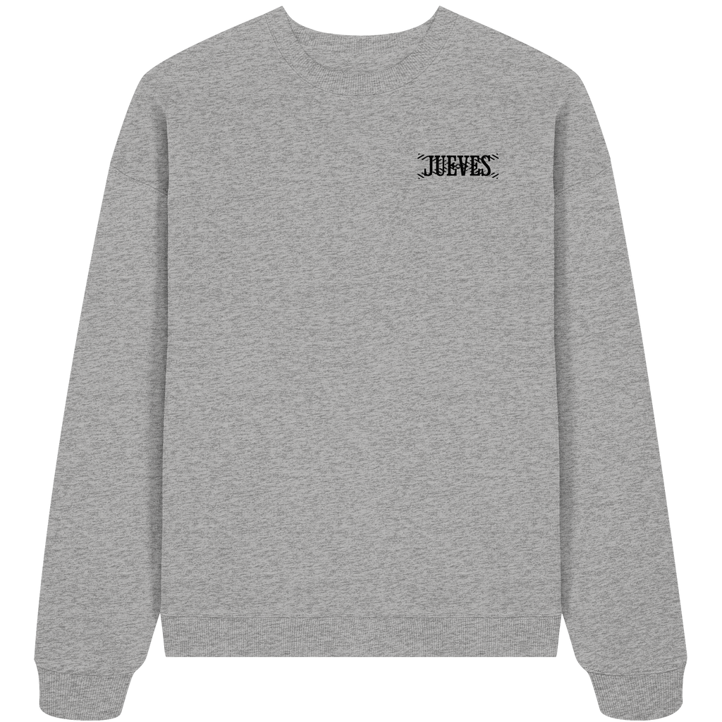 graues Oversized Boxcut Sweatshirt von Jueves Apparel mit Brustdruck – nachhaltige Streetwear aus 100 % Bio-Baumwolle