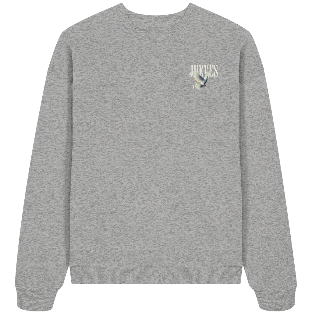 graues Oversized Boxcut Sweatshirt von Jueves Apparel mit Brustdruck – nachhaltige Streetwear aus 100 % Bio-Baumwolle