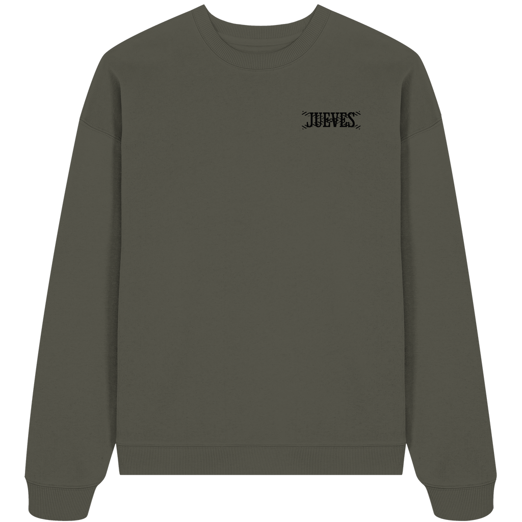 khaki Oversized Boxcut Sweatshirt von Jueves Apparel mit Brustdruck – nachhaltige Streetwear aus 100 % Bio-Baumwolle