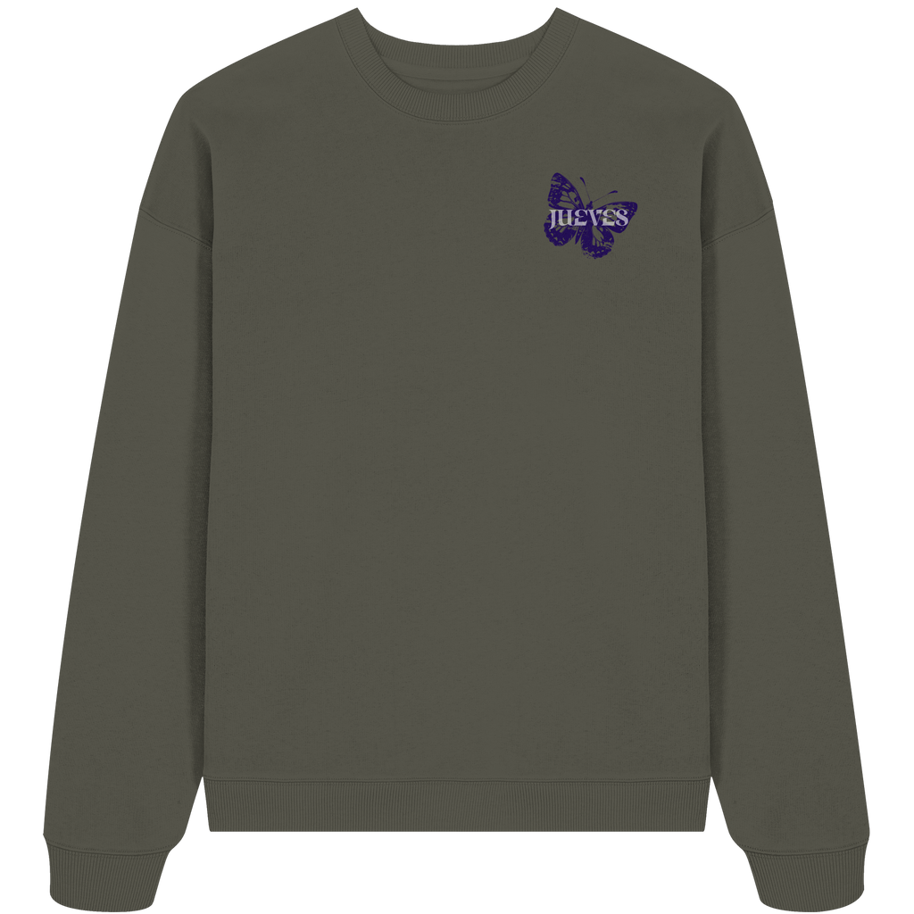 khaki Oversized Boxcut Sweatshirt von Jueves Apparel mit Brustdruck – nachhaltige Streetwear aus 100 % Bio-Baumwolle