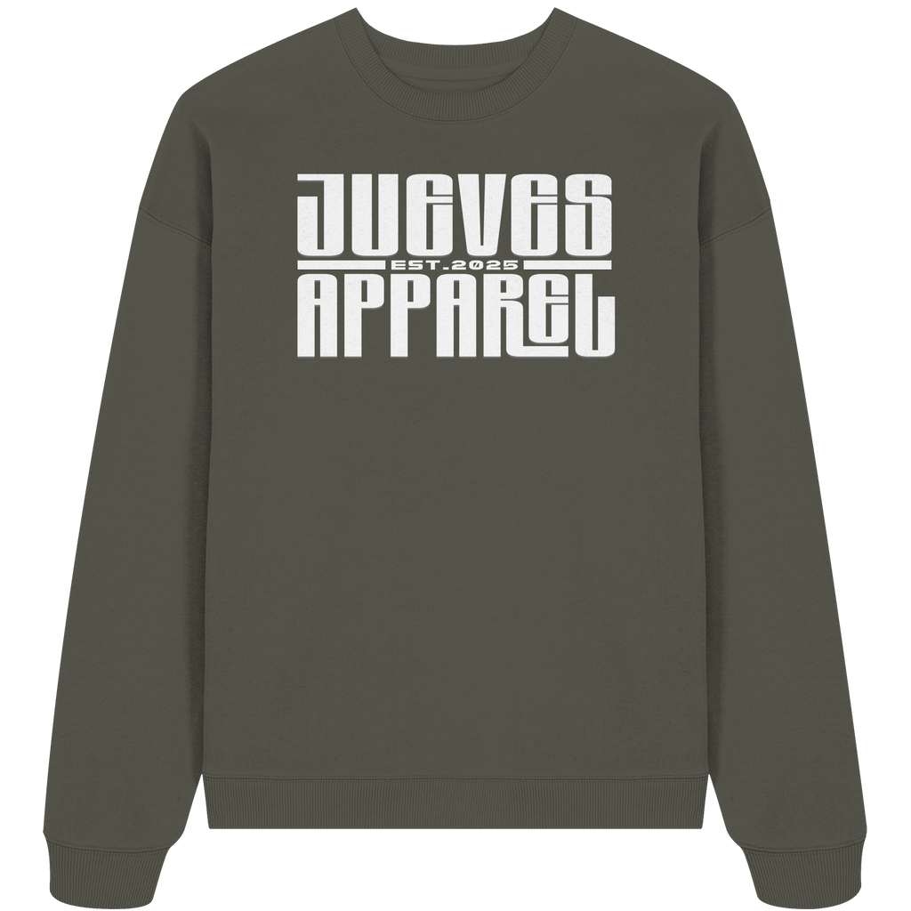 khaki Jueves Apparel Oversized Boxcut Sweatshirt mit markantem Rückendruck – urbaner Streetwear-Style aus Bio-Baumwolle