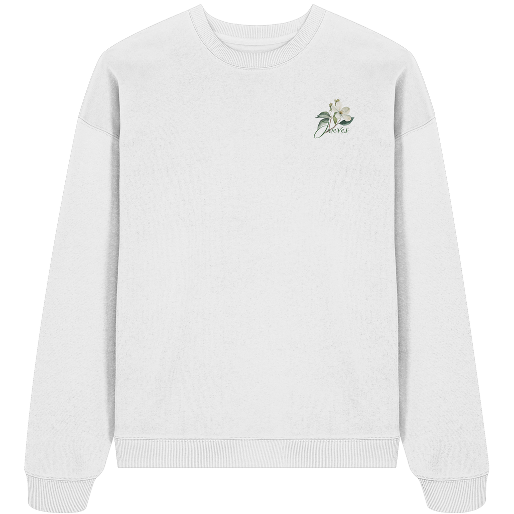 weißes Oversized Boxcut Sweatshirt von Jueves Apparel mit Brustdruck – nachhaltige Streetwear aus 100 % Bio-Baumwolle