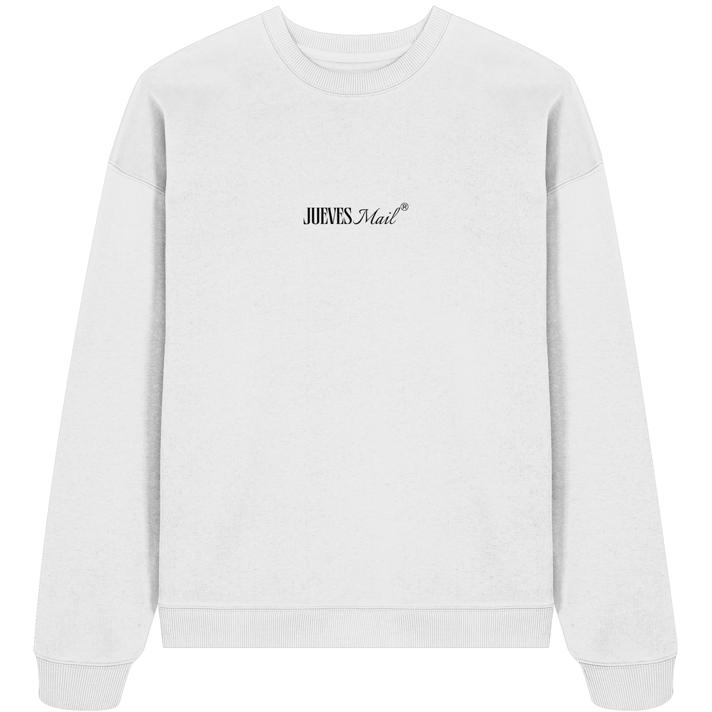 weißes Oversized Boxcut Sweatshirt von Jueves Apparel mit Brustdruck – nachhaltige Streetwear aus 100 % Bio-Baumwolle
