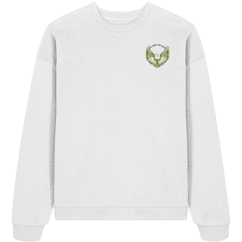 weißes Oversized Boxcut Sweatshirt von Jueves Apparel mit Brustdruck – nachhaltige Streetwear aus 100 % Bio-Baumwolle