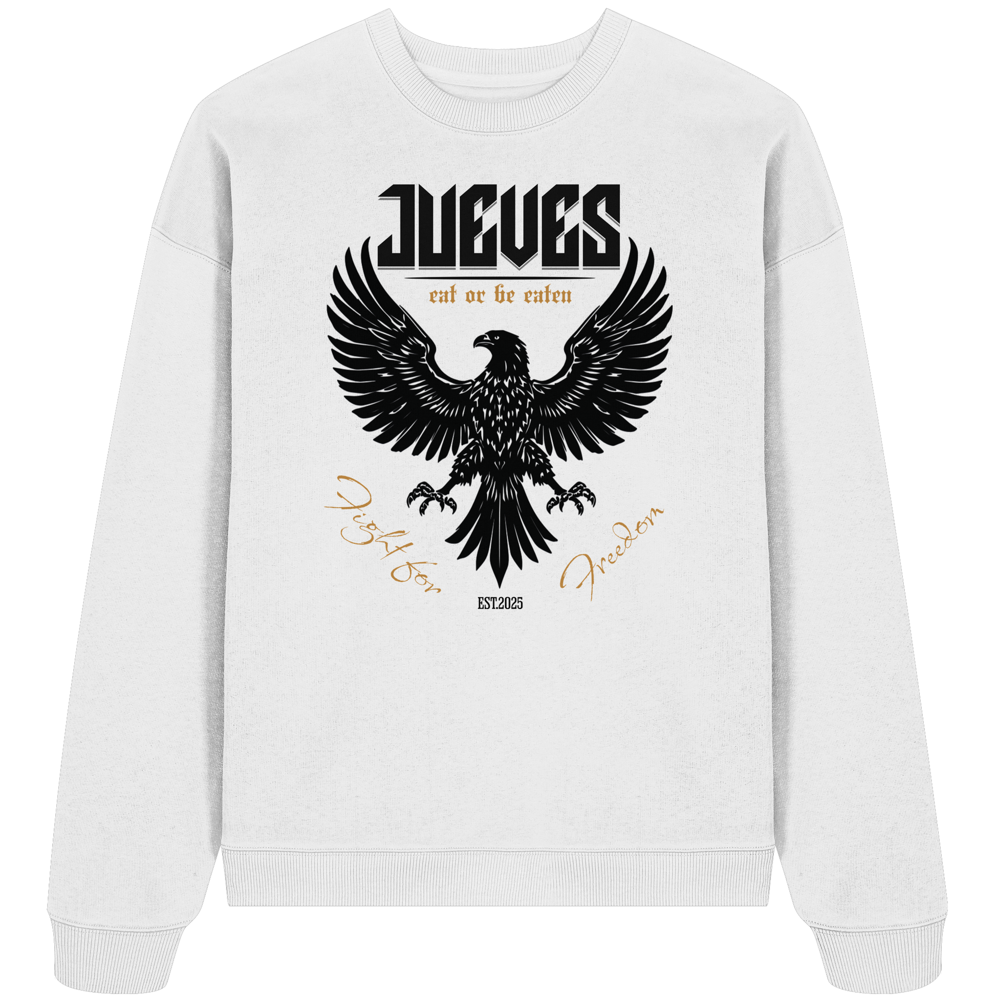 weißes Jueves Apparel Oversized Boxcut Sweatshirt mit markantem Rückendruck – urbaner Streetwear-Style aus Bio-Baumwolle