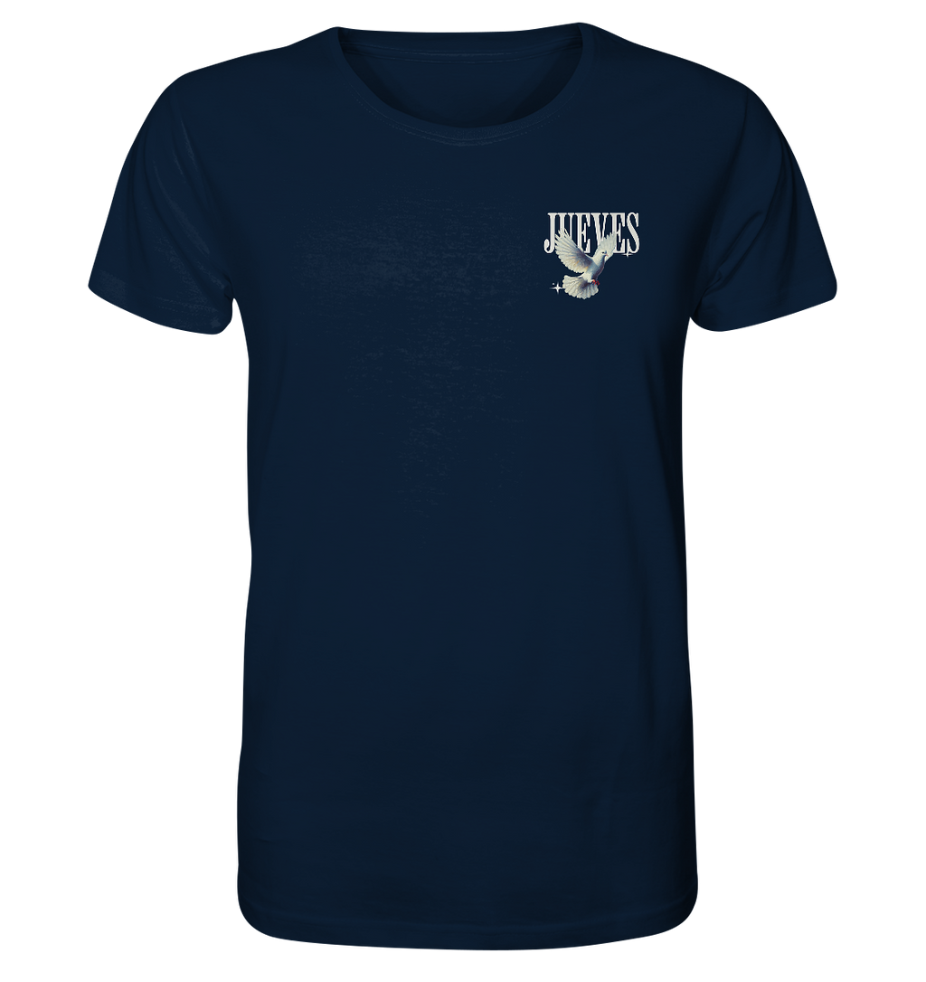 blaues Classic t-shirt von Jueves Apparel mit kleinem Brustdruck im klassischen Schnitt – nachhaltiger