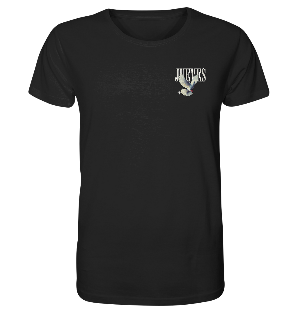 schwarzes Classic t-shirt von Jueves Apparel mit kleinem Brustdruck im klassischen Schnitt – nachhaltiger