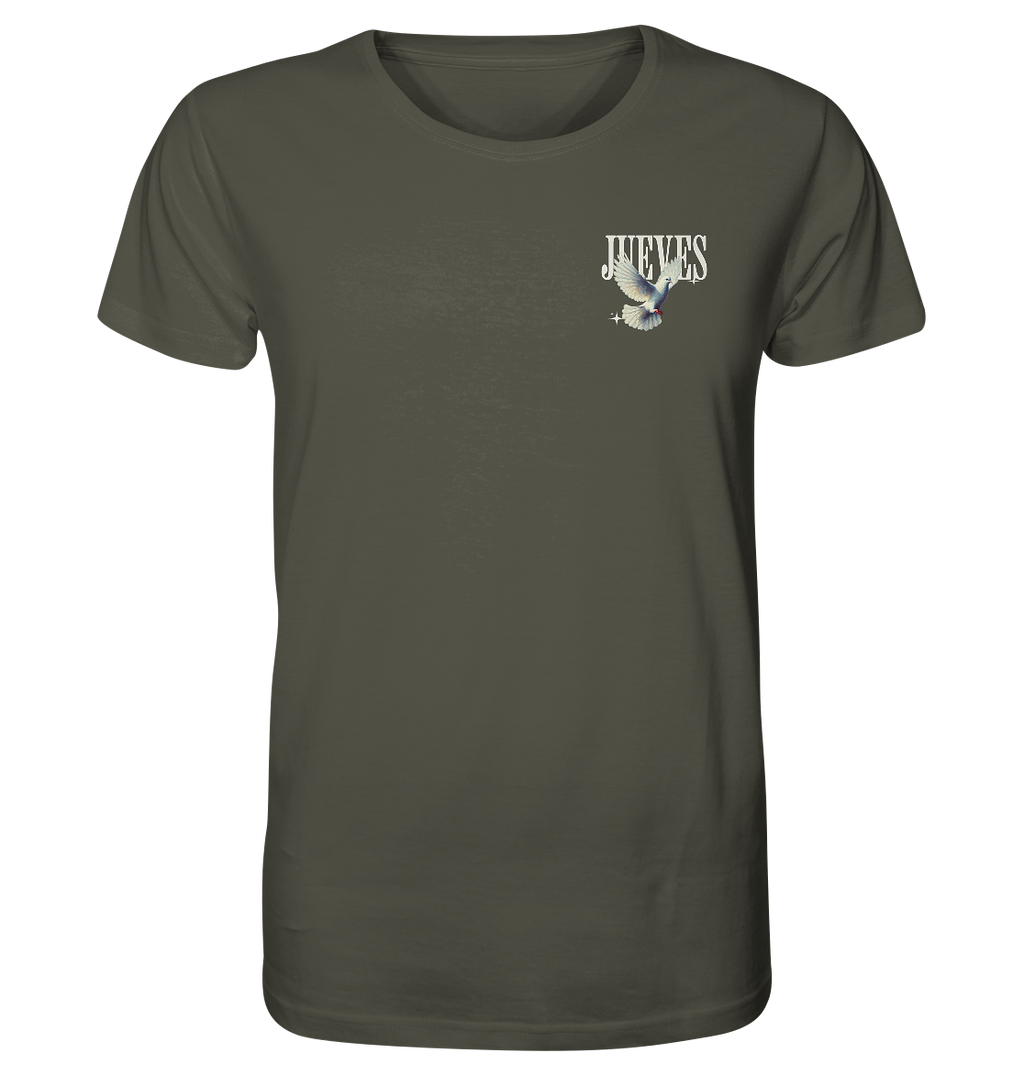 khaki Classic T-Shirt von Jueves Apparel mit kleinem Brustdruck im klassischen Schnitt – nachhaltiger