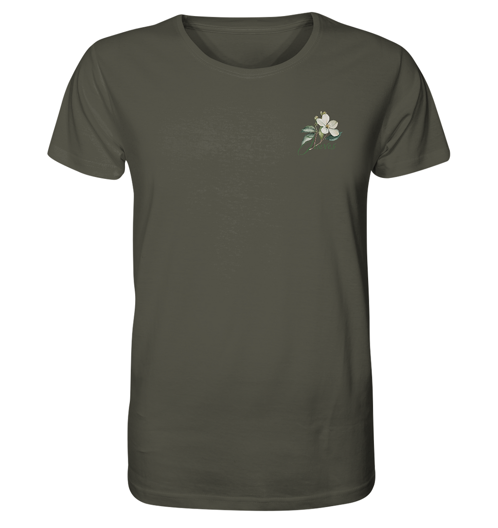 khaki Classic t-shirt von Jueves Apparel mit kleinem Brustdruck im klassischen Schnitt – nachhaltiger