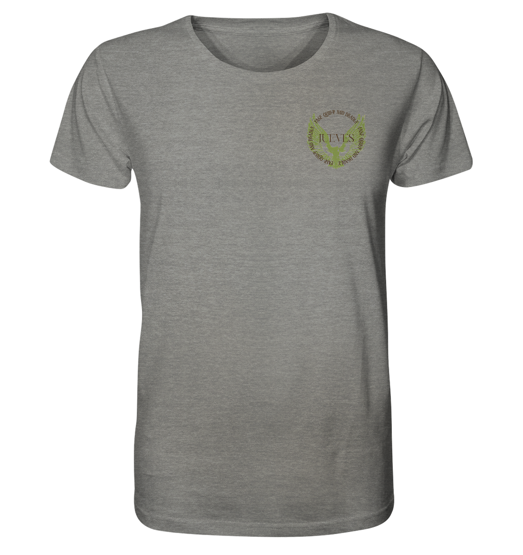 graues Classic T-Shirt von Jueves Apparel mit kleinem Brustdruck im klassischen Schnitt – nachhaltiger