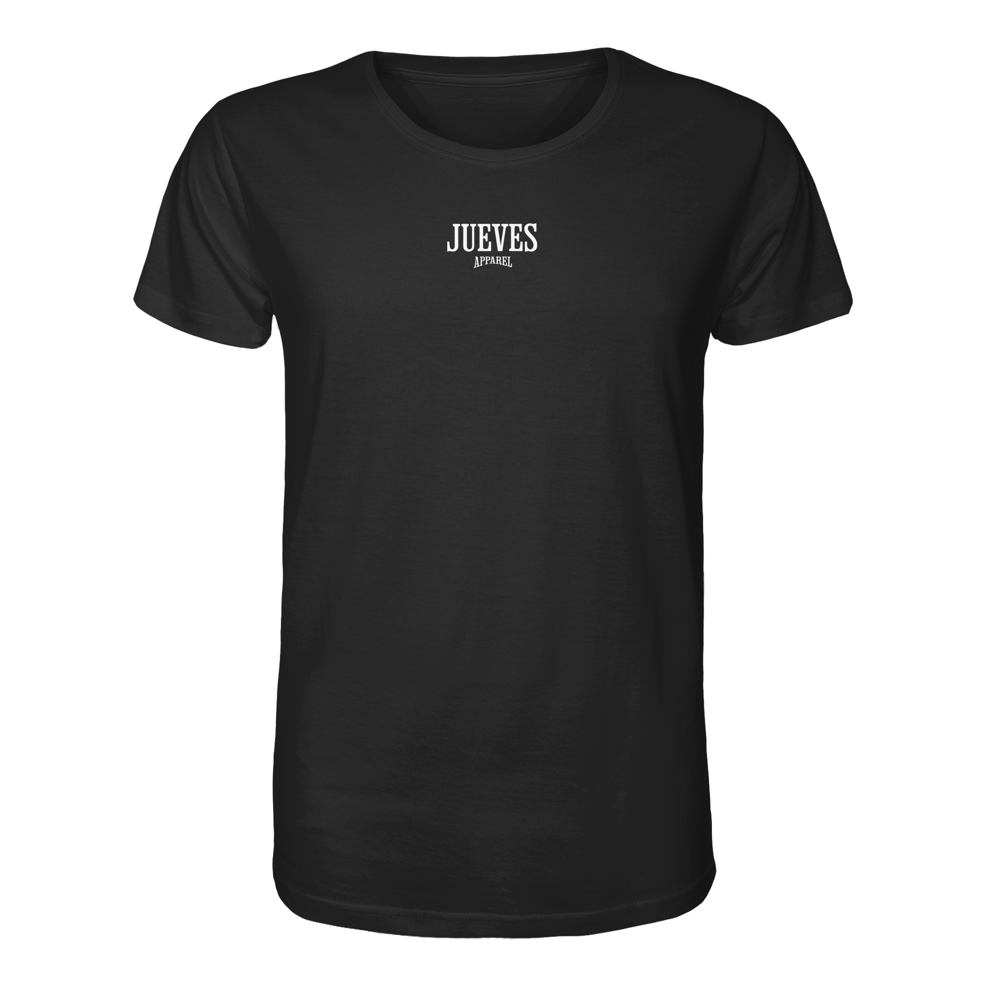 schwarzes Classic t-shirt von Jueves Apparel mit Brustdruck im klassischen Schnitt – nachhaltiger