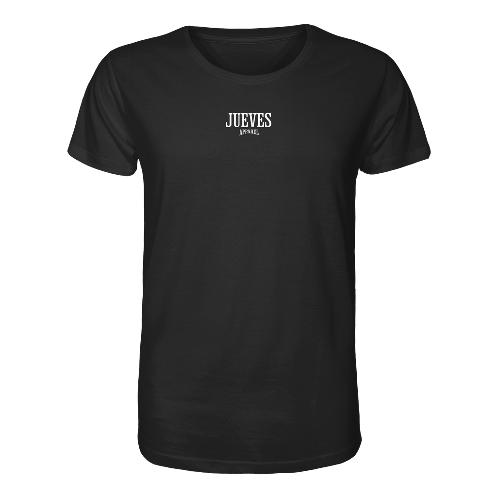 schwarzes Classic t-shirt von Jueves Apparel mit Brustdruck im klassischen Schnitt – nachhaltiger
