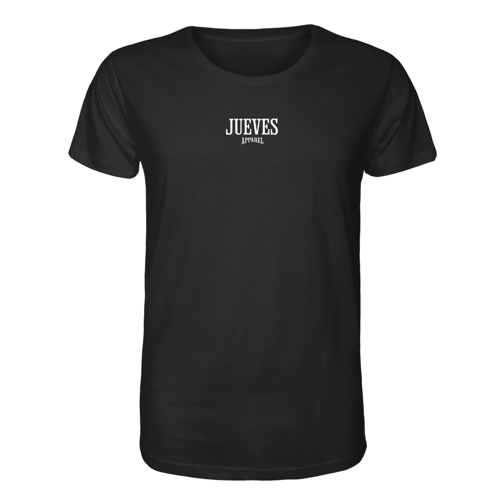schwarzes Classic t-shirt von Jueves Apparel mit kleinem Brustdruck im klassischen Schnitt – nachhaltiger