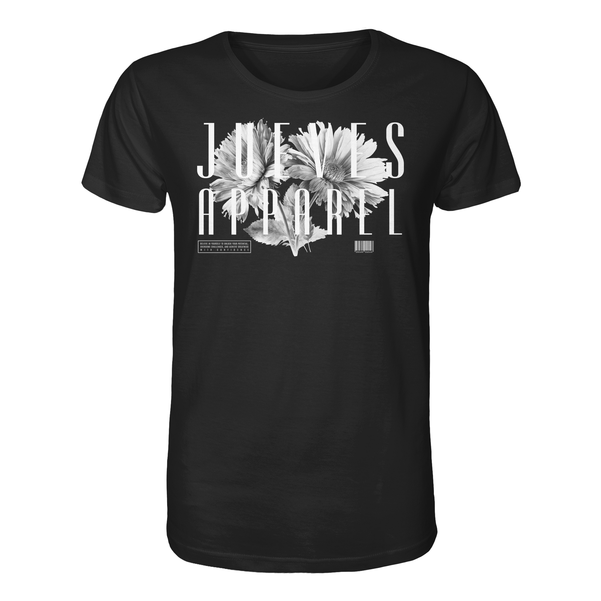 schwarzes Classic t-shirt von Jueves Apparel mit Brustdruck im klassischen Schnitt – nachhaltiger