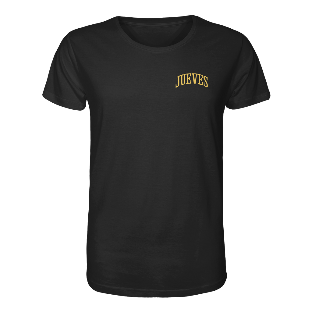 schwarzes Classic T-Shirt von Jueves Apparel mit kleinem Brustdruck im klassischen Schnitt – nachhaltiger