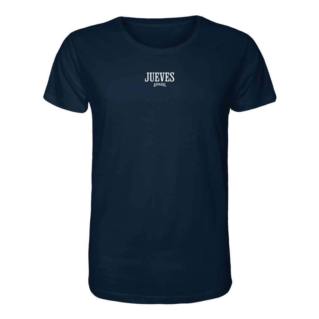 blaues Classic t-shirt von Jueves Apparel mit Brustdruck im klassischen Schnitt – nachhaltiger