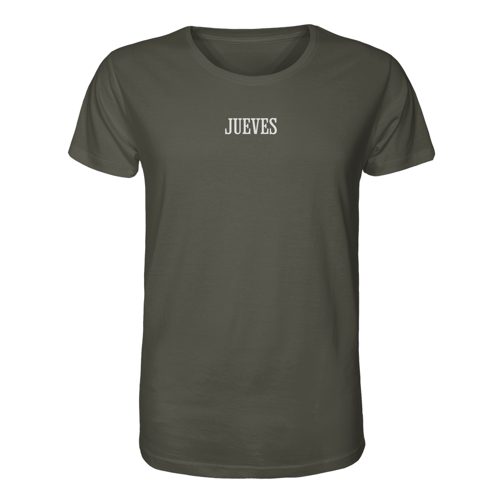 khaki Classic t-shirt von Jueves Apparel mit kleinem Brustdruck im klassischen Schnitt – nachhaltiger