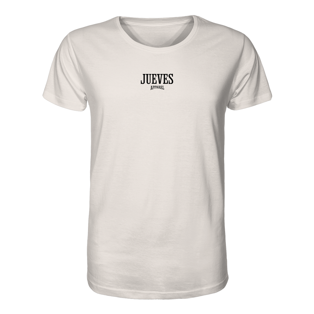 weißes Classic T-Shirt von Jueves Apparel mit kleinem Brustdruck im klassischen Schnitt – nachhaltiger